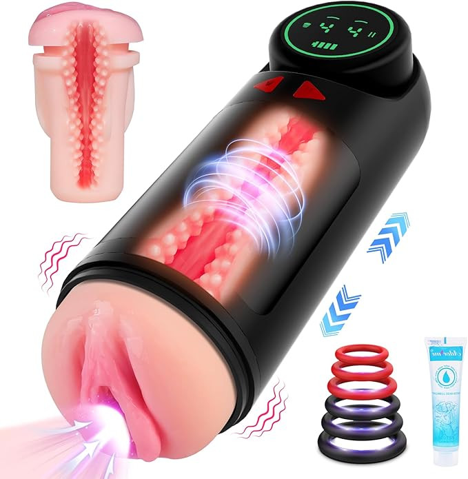 Automatic male masturbator-adult toy penis pump, four sucking, vibrating and inserting modes, male sex toy pocket vagina male masturbator, used to stimulate penis, with LED display screen.