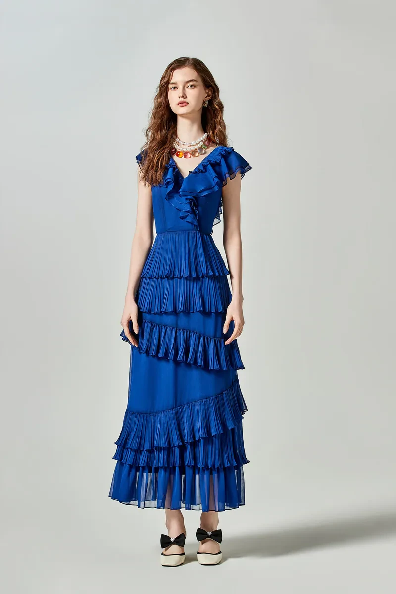 Yinhe cobalt blue lotus leaf formal attire dress
