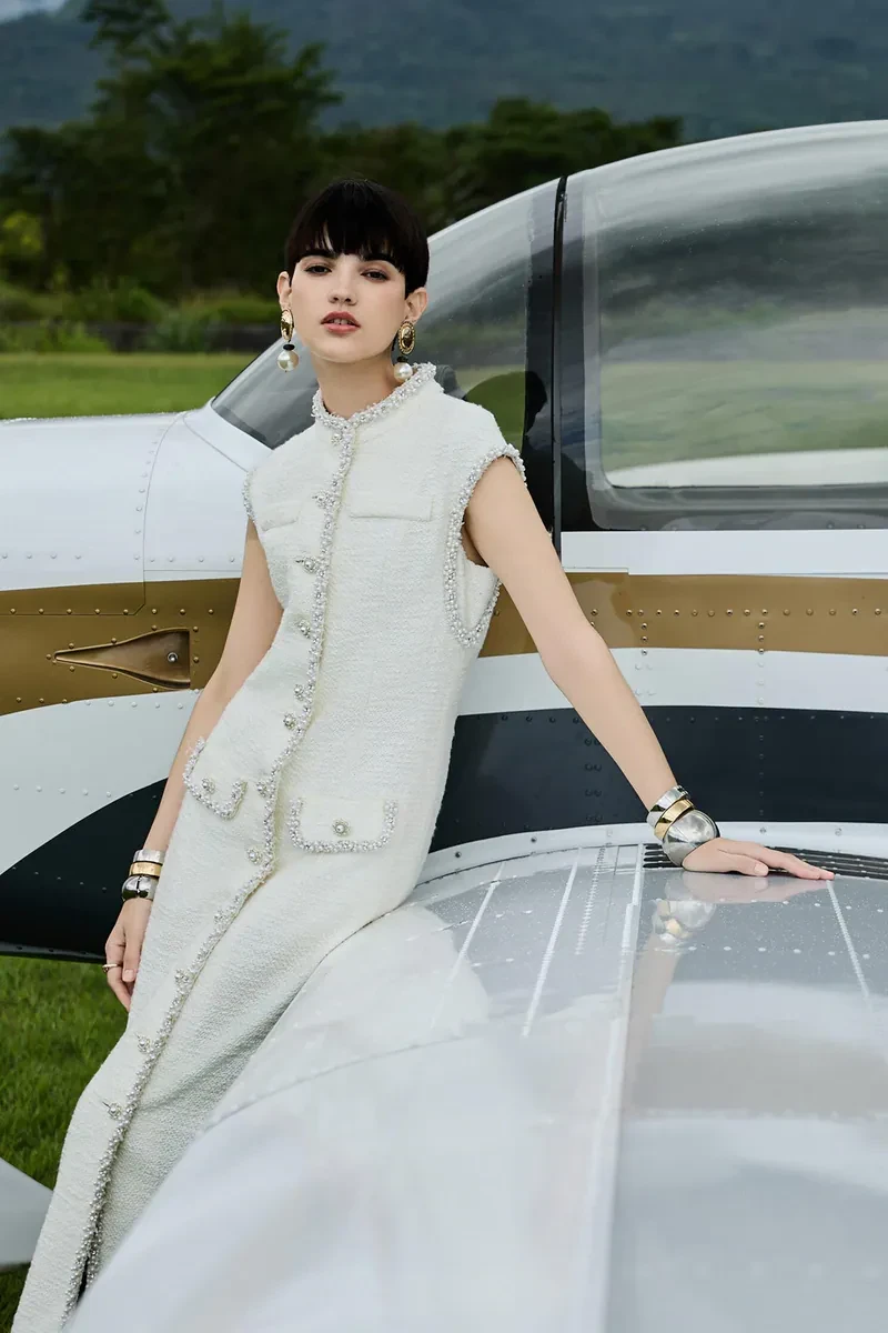 Handmade Pearl Diamond Ornament Tweed Yarn Dress-style Dress