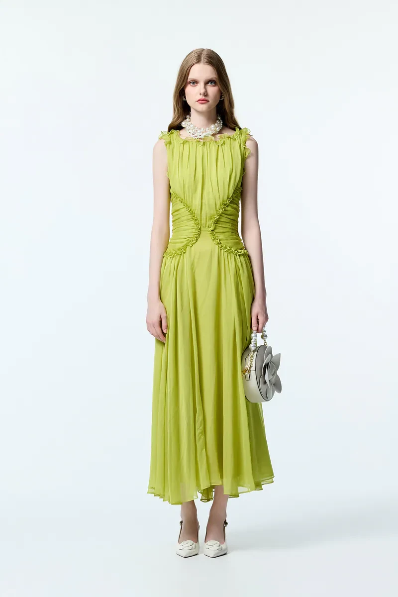 White grape green chiffon dress long dress