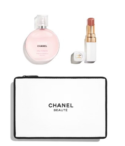 CHANCE EAU TENDRE Hair Spray 35 ML, ROUGE COCO BAUME Hydration Repair Satin Lipstick #914 NATURAL CHARM and Storage Bag.