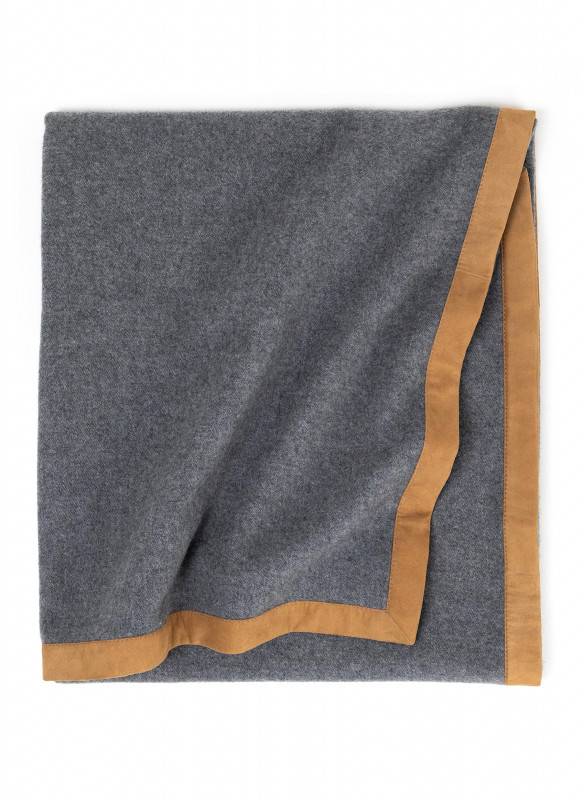 FRETTE Cashmere blanket with suede edges-gray/camel color
